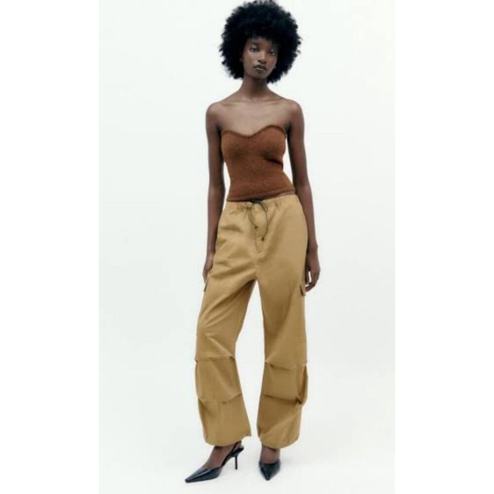 ZARA CARGO KHAKI CAMEL TROUSERS, SIZE: XS